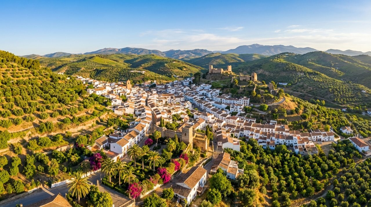 Aerial view of Álora, Malaga province - white-washed village with castle ruins surrounded by olive groves